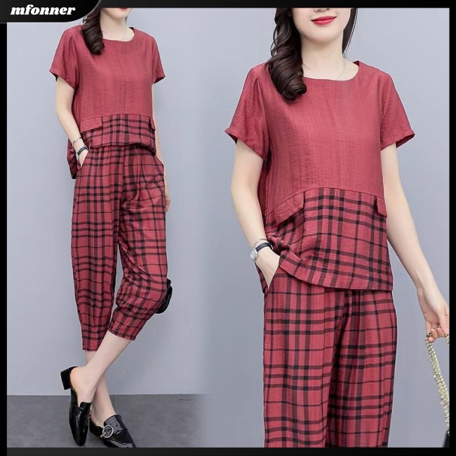 Bộ Trang Phục 2 Mảnh Chất Liệu Cotton Lanh Cổ Tròn Tay Ngắn Dáng Rộng Họa Tiết Sọc Caro Cho Nữ