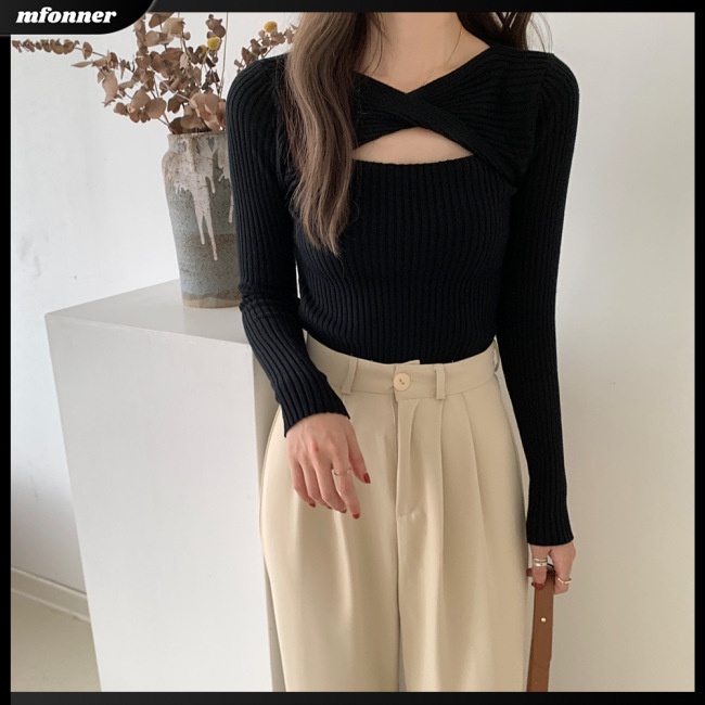 Áo Sweater Dệt Kim Tay Dài Dáng Ôm Màu Trơn Khoét Lỗ Sáng Tạo Thời Trang Cho Bạn Gái