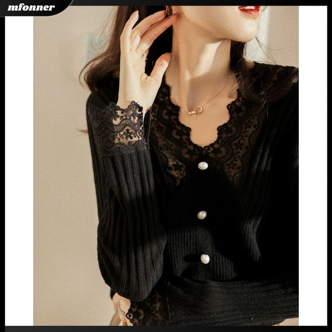 Áo Dệt Kim Nữ Tay Dài Cổ Chữ V Phối Ren Màu Trơn Thời Trang