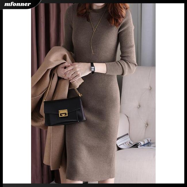 Đầm Dệt Kim Tay Dài Cổ Tròn Màu Trơn Thời Trang Dành Cho Nữ