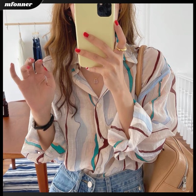 Áo Sơ Mi Tay Dài Dáng Rộng Họa Tiết Kẻ Sọc Màu Sắc Tương Phản Thời Trang Mùa Hè Cho Nữ