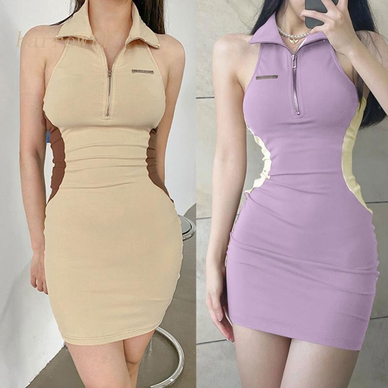 Brroa Đầm Mini Ôm Dáng Không Tay Hở Lưng Có Khóa Kéo Gợi Cảm Cho Nữ