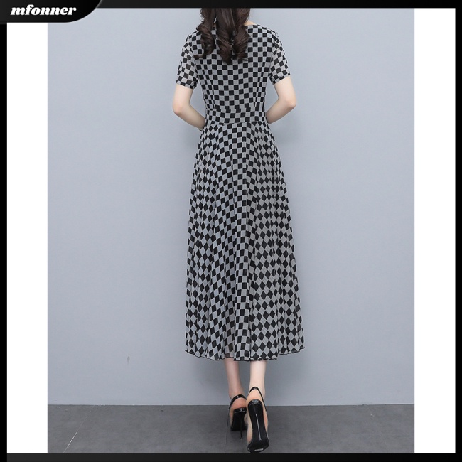 Đầm Midi Tay Ngắn Cổ Chữ V Họa Tiết Caro Thời Trang Mùa Hè Cho Nữ