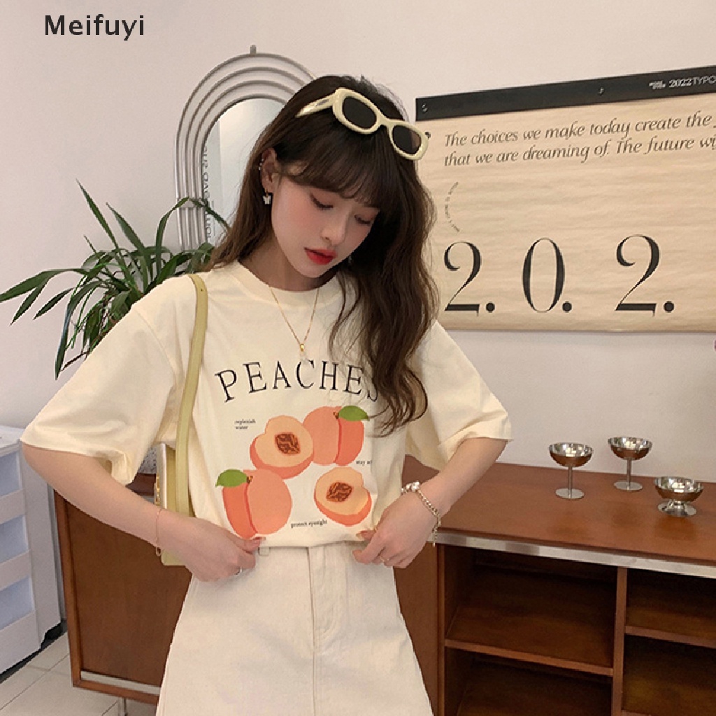 Áo Thun Tay Ngắn Cổ Tròn Dáng Rộng In Hình Quả Đào Thời Trang Mùa Hè Cho Nữ