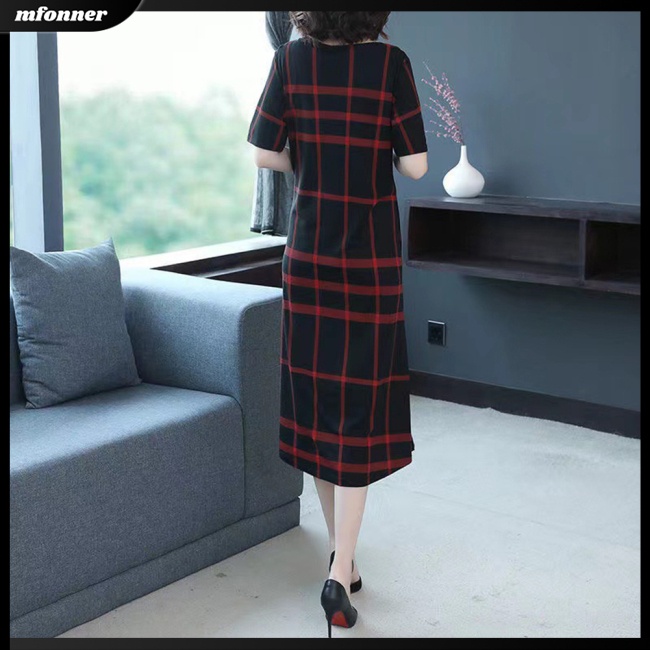 Đầm Nữ Tay Ngắn Cổ Tròn Dáng Chữ A Họa Tiết Caro Thời Trang Cá Tính