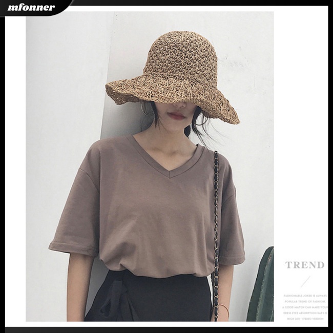 Áo Thun Tay Ngắn Cổ Chữ V Màu Sắc Đơn Giản Cho Nữ