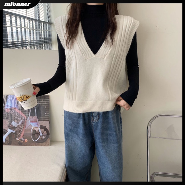 Áo Dệt Kim Sát Nách Dáng Rộng Cổ Chữ V Màu Sắc Retro Dành Cho Nữ