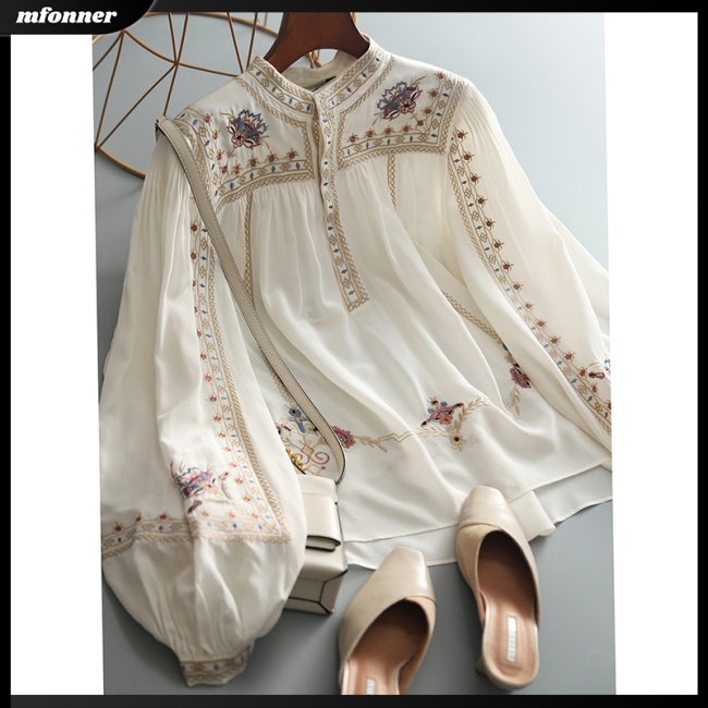 Áo Sơ Mi Tay Phồng Cổ Đứng Màu Trơn In Họa Tiết Phong Cách Retro Thời Trang Cho Nữ