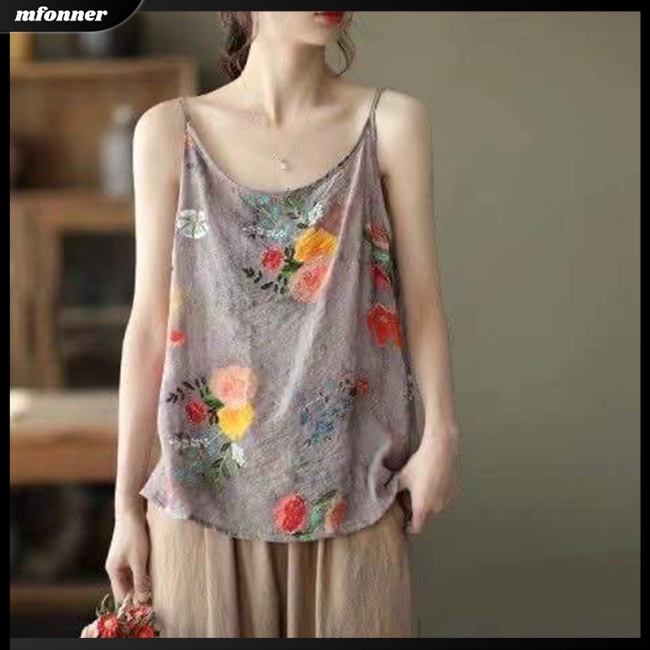 Áo Hai Dây Mỏng Họa Tiết Hoa Phong Cách Retro Cho Nữ