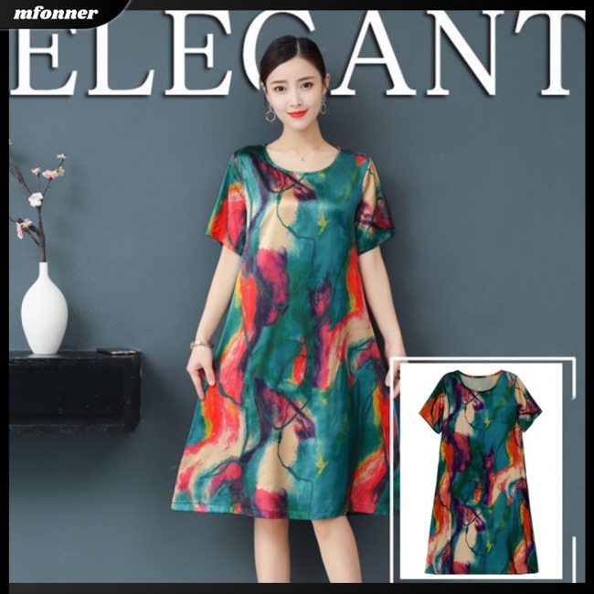 Đầm Chữ A Tay Ngắn Cổ Tròn Dáng Rộng In Họa Tiết Thời Trang Cho Nữ