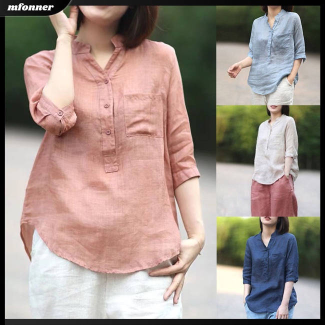 Áo Sơ Mi Cotton Lanh Cổ Đứng Dáng Rộng Tay Lửng Thời Trang Mùa Hè Cho Nữ