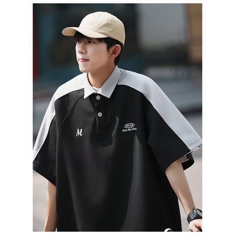 Áo polo Tay Ngắn Dáng Rộng Phối Màu Tương Phản Thời Trang Mùa Hè Phong Cách Mỹ Cho Nam