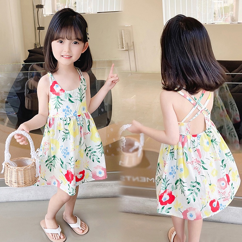 Bộ Khung Đồ Chơi Cho Bé❤Đầm Công Chúa Đi Biển Mùa Hè Mát Mẻ In Họa Tiết Hoa Dễ Thương Phong Cách Hàn Quốc Cho Bé Gái