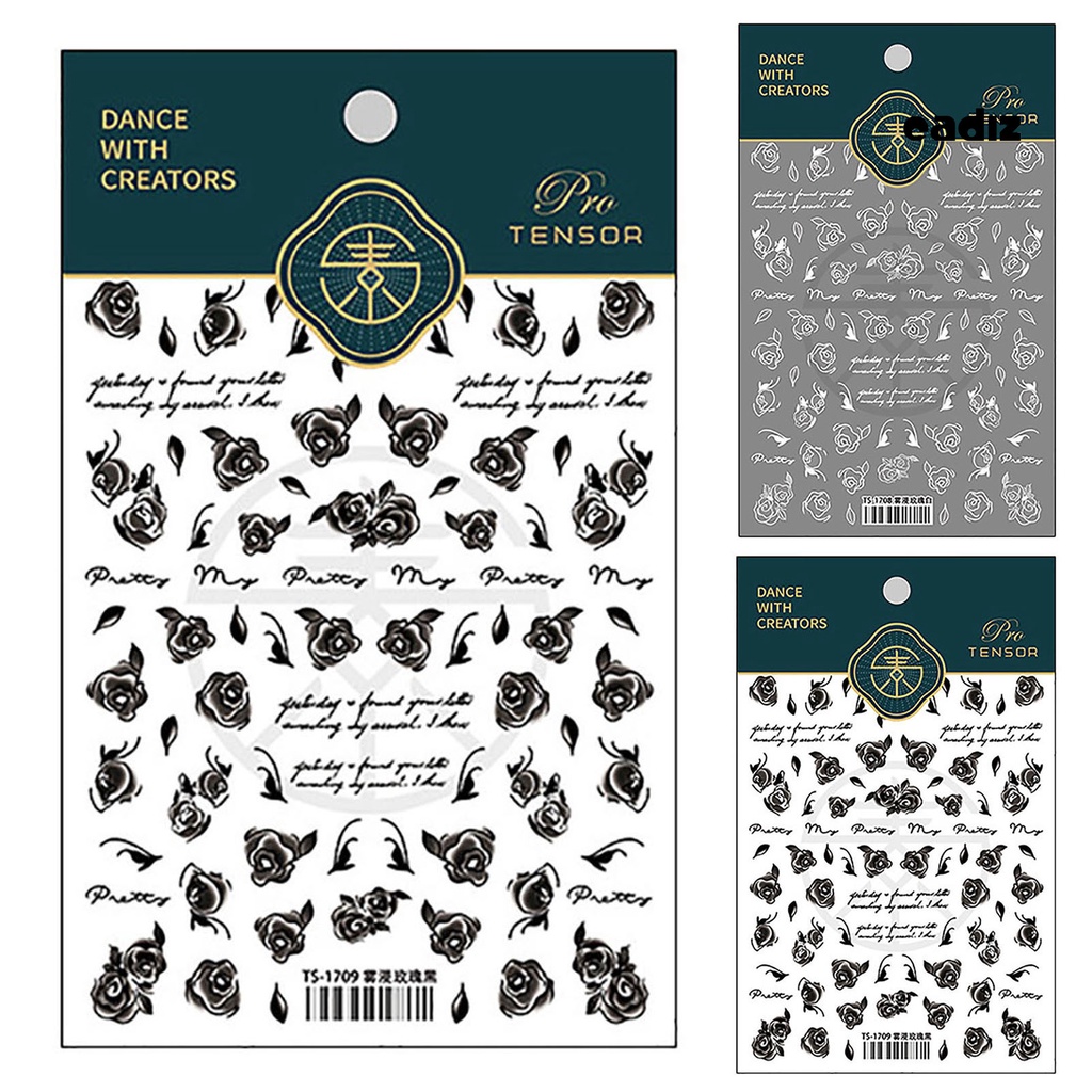 Miếng Dán Trang Trí Móng Tay Tự Dính Họa Tiết Hoa Hồng Trắng Đen Dùng Một Lần