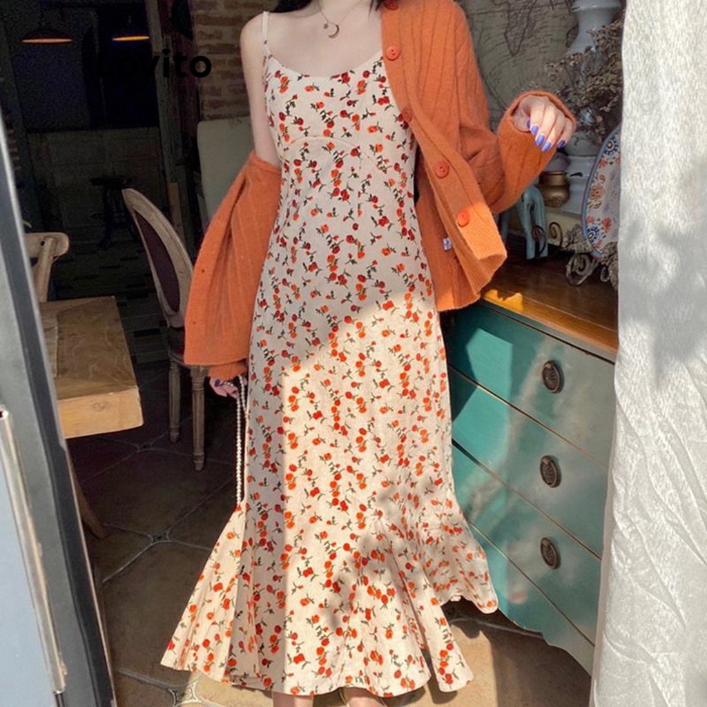 Đầm maxi Lovito đuôi cá dây mảnh viền nhún bèo họa tiết hoa cơ bản cho nữ LNL03067 (màu vàng)