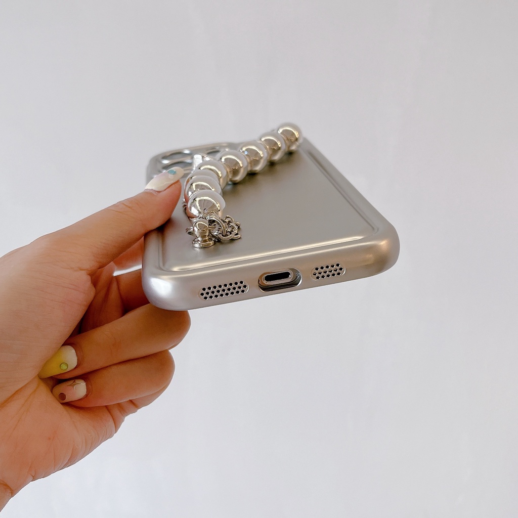 Ốp Điện Thoại TPU Dẻo Mạ Điện Họa Tiết Gấu &amp; Ngọc Trai Kèm Vòng Đeo Tay Độc Đáo Cho iPhone 14 13 12 11 PRO MAX