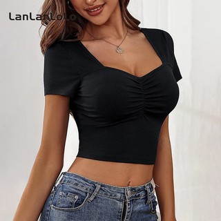 LanLanLo Nữ Màu Trơn Cổ Chữ V Tay Ngắn Slim Fit Thời Trang Thường Ngày