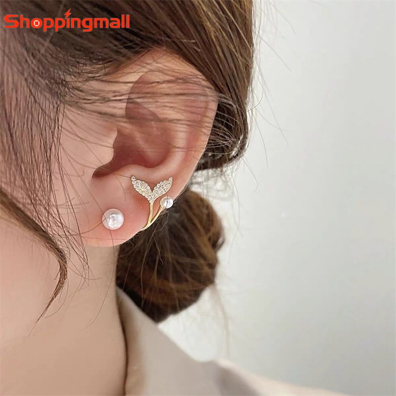 Khuyên Tai Đính Đá Zircon / Ngọc Trai Nhân Tạo Kiểu Đuôi Cá Phong Cách Hàn Quốc