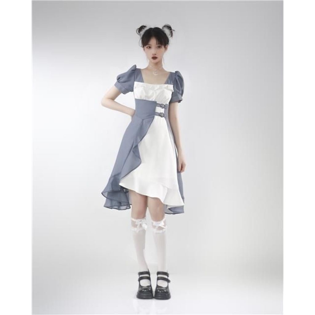 Pinksav  Đầm Trang Trí Phối Ren Màu Xanh Dương Trắng Dáng Thả Cho Bé Gái ins