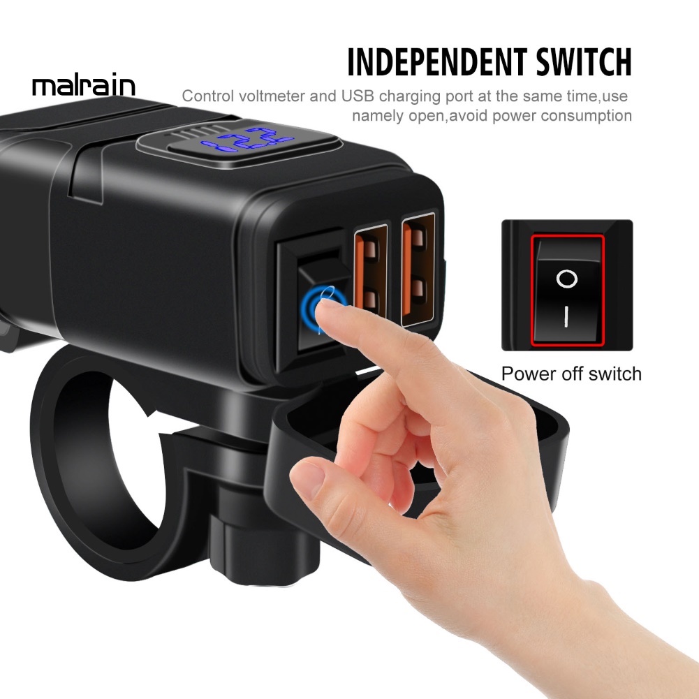 Cục Sạc Nhanh QC3.0 Hai Cổng USB Có Vôn Kế Cho Xe Máy