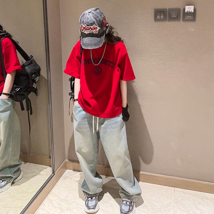 Set Áo Thun Ngắn Tay Và Quần Jeans Ống Rộng Phong Cách Phương Tây Thời Trang Mùa Hè Mới Cho Bé Gái