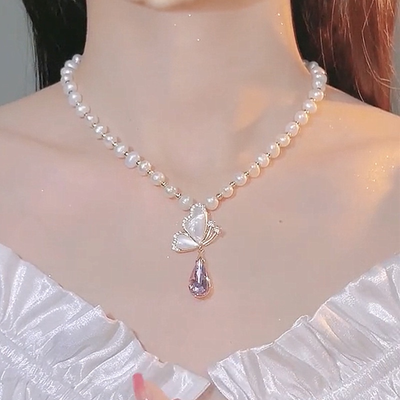 Bộ Dây Chuyền + Bông Tai Thời Trang Hình Bướm Đính Pha Lê Tím Vòng Cổ Ngọc Trai