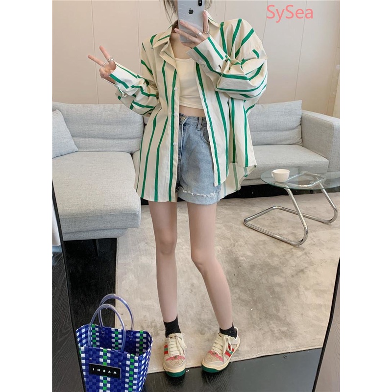 Áo Sơ Mi Kẻ Sọc Dáng Rộng Thời Trang Mùa Hè Hàn Quốc Cho Nữ