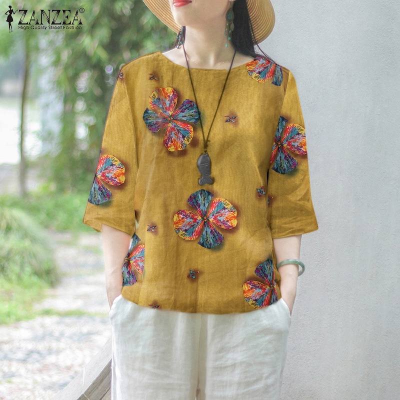 Zanzea Áo Sơ Mi Tay Lửng 3 / 4 Họa Tiết Hoa Thời Trang Cho Nữ