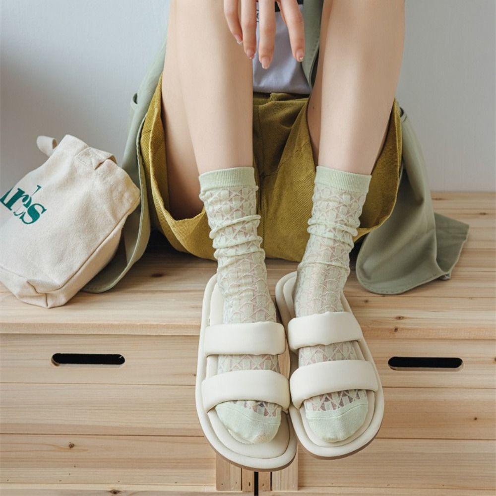 Vớ Cotton Lụa Thủy Tinh Phối Ren Mềm Mại Co Giãn Thoáng Khí Thấm Hút Mồ Hôi Khử Mùi Chống Mòn Dễ Thương Cho Nữ