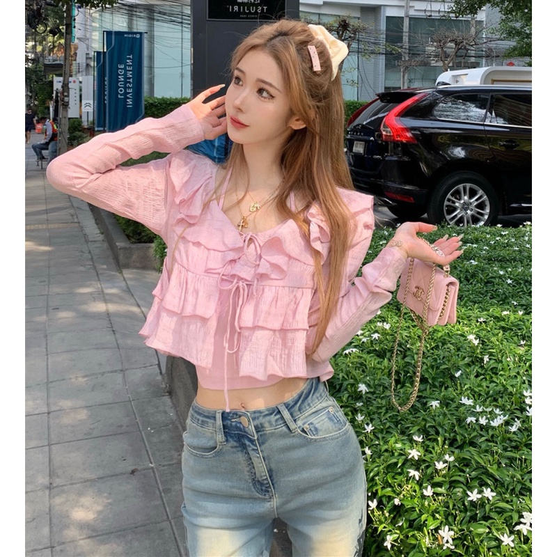 Set Áo Hai Dây Cổ Chữ V Và Áo Sơ Mi Tay Dài Thời Trang Quyến Rũ