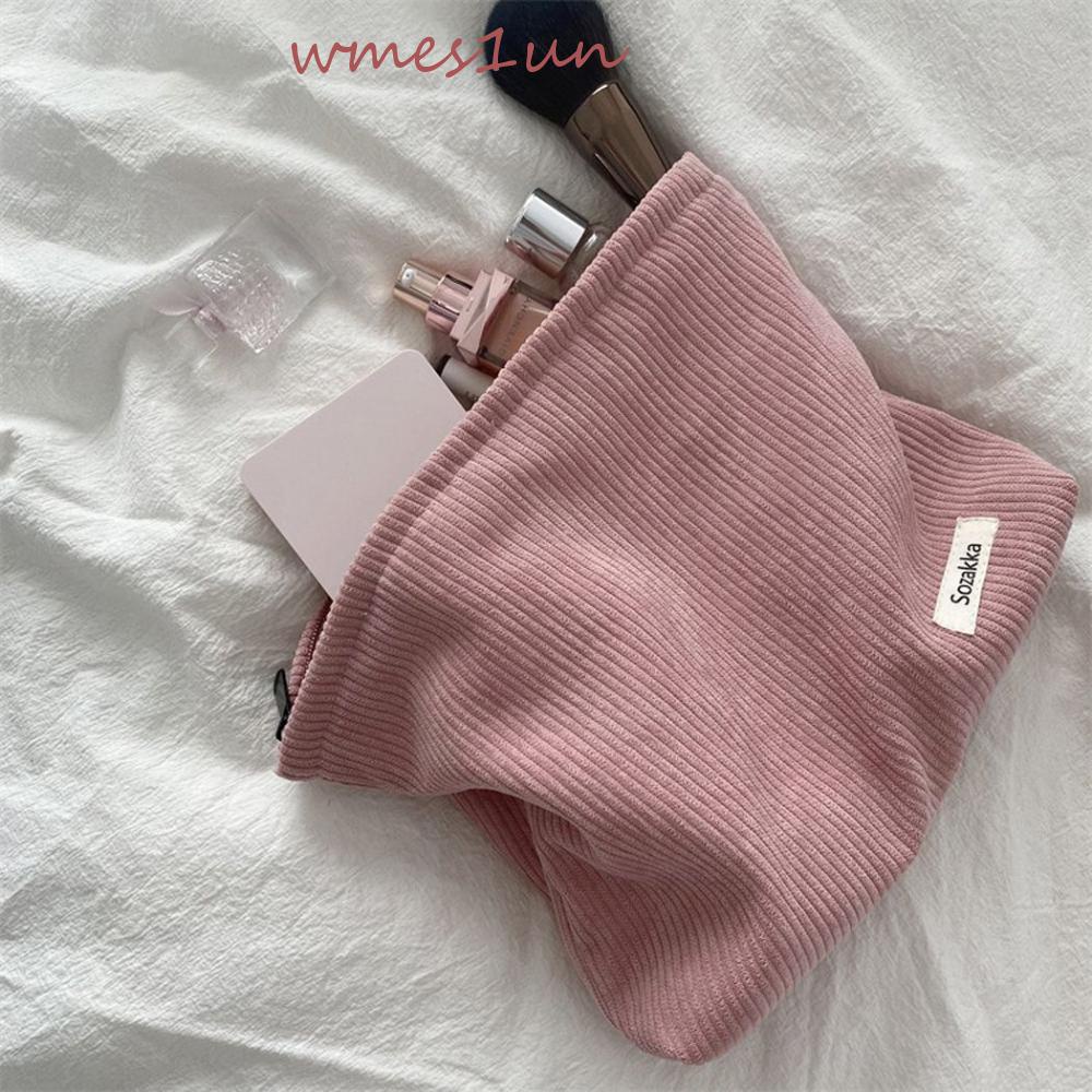 Túi Đựng Mỹ Phẩm WMES15H Bằng Vải Nhung Kẻ Mềm Mại Dung Tích Lớn Phong Cách Hàn Quốc