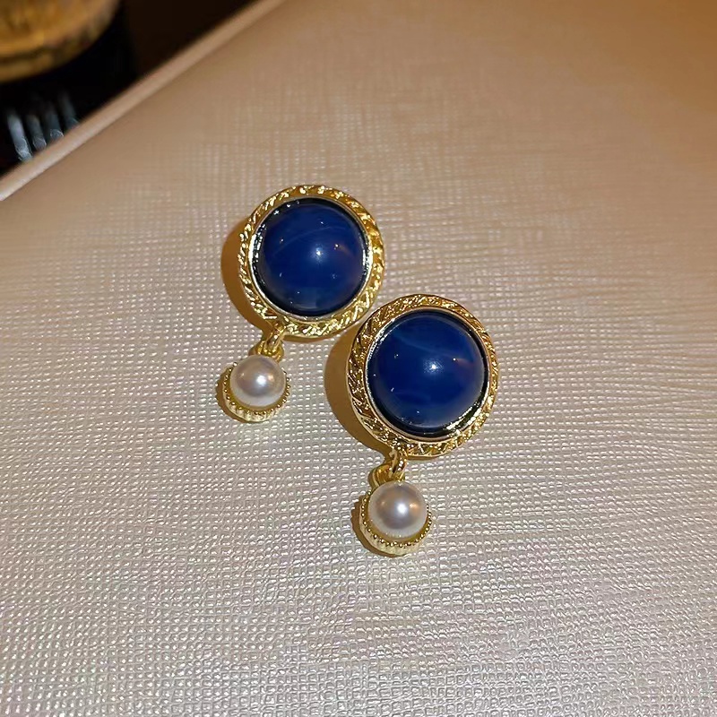 Bông Tai Bạc Đính Ngọc Trai Xanh Dương Phong Cách Pháp Thời Trang Cho Nữ