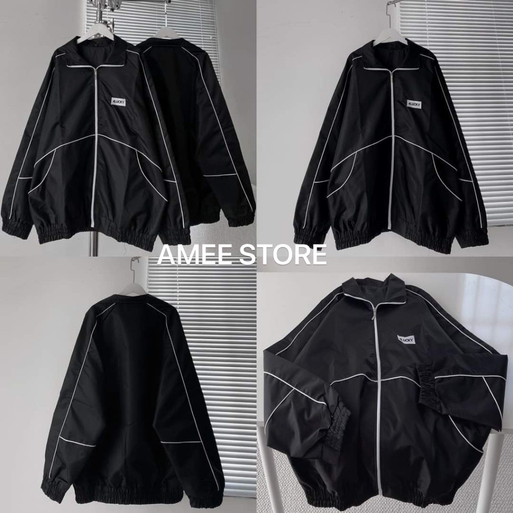 Áo khoác gió dù thể thao nam nữ UNISEX - Áo bomber bóng chày sọc viền In logo 4lucky màu đen phong cách ulzzang, AMEE