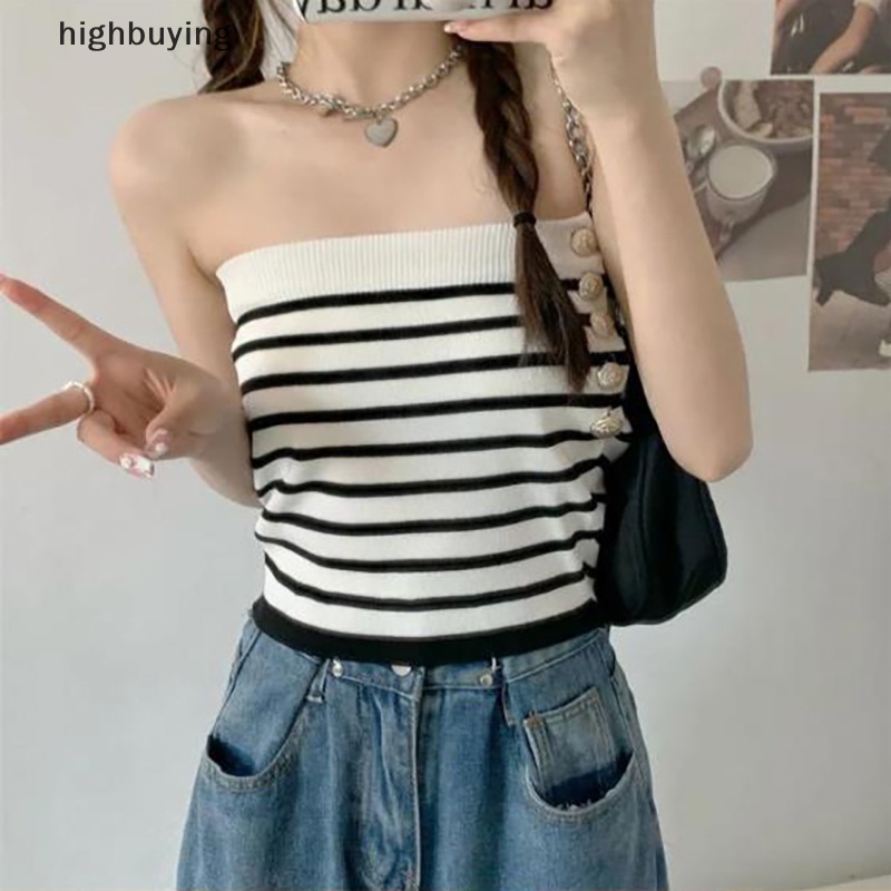 Áo Hai Dây Dệt Kim Cài Nút Họa Tiết Kẻ Sọc Thời Trang Mùa Hè Quyến Rũ Cho Nữ