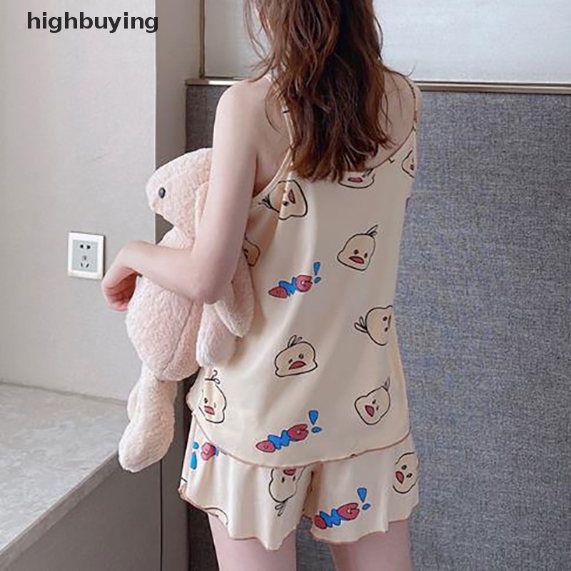 Bộ Đồ Ngủ 2 Mảnh Áo Hai Dây Phối Quần Short Dáng Rộng In Hoạt Hình Thời Trang Mùa Hè Cho Bạn Gái