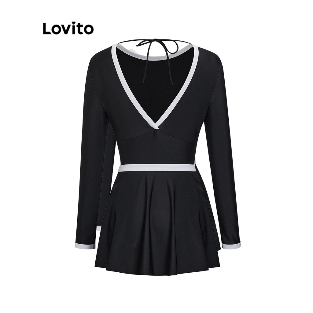 Bộ đồ bơi hai mảnh Lovito hở lưng buộc dây viền tương phản cơ bản màu trơn phong cách thường ngày cho nữ L50AD022 (đen)