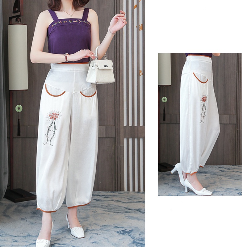 Quần Dài Dáng Rộng Mỏng Màu Trơn Thêu Họa Tiết Thời Trang Mùa Hè Cho Nữ