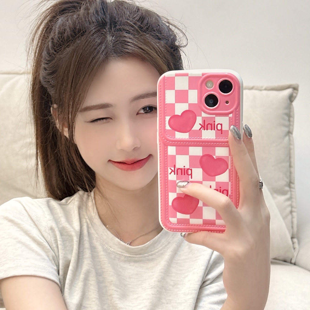 Ốp Điện Thoại Da Viền Silicon Dẻo Màu Hồng Họa Tiết Trái Tim Dễ Thương Chống Sốc Cho iPhone11 12 13 14 Pro Max