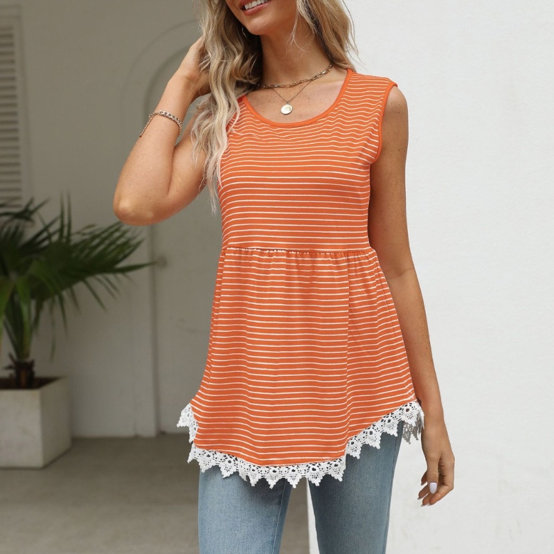 Áo Nữ Không Tay Phối Ren Họa Tiết Kẻ Sọc Thời Trang