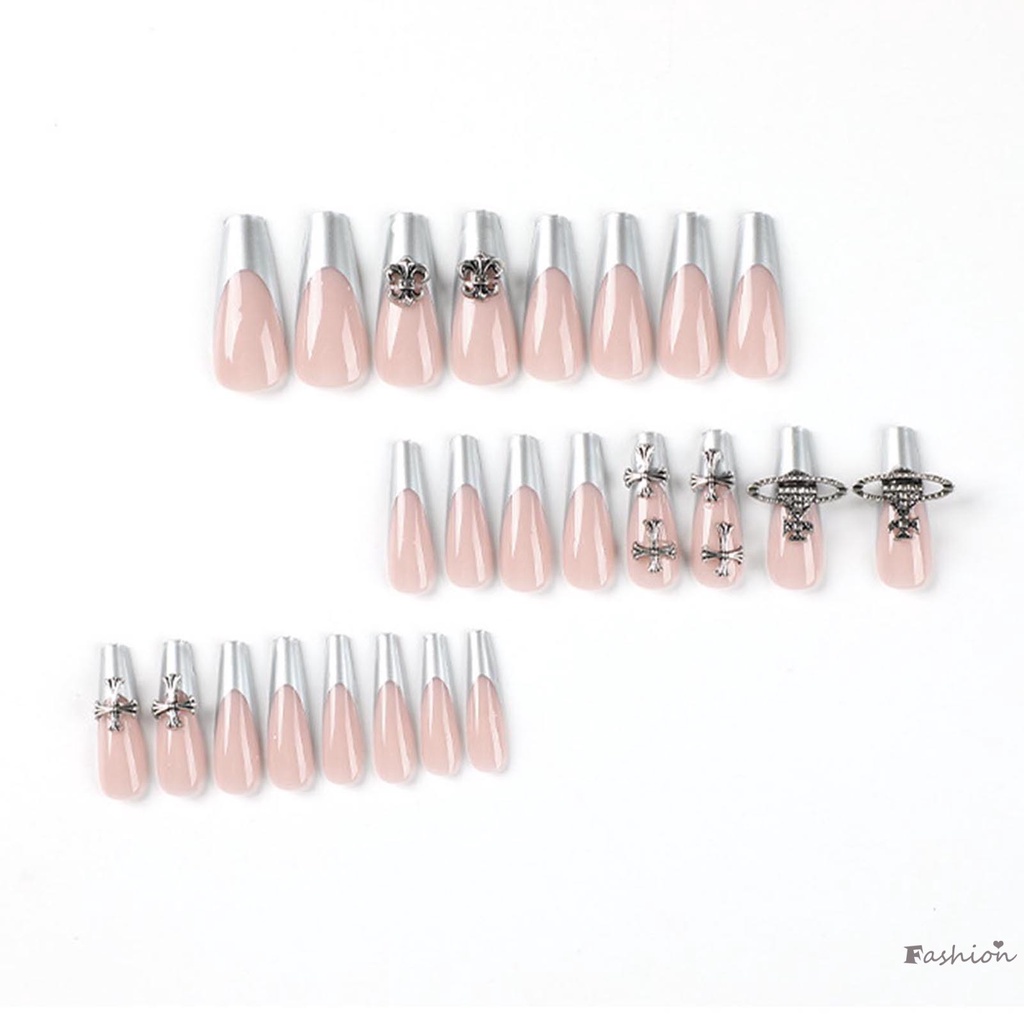 Móng Tay Giả Dài Viền Bạc Kiểu Pháp Màu Sắc Cá Tính