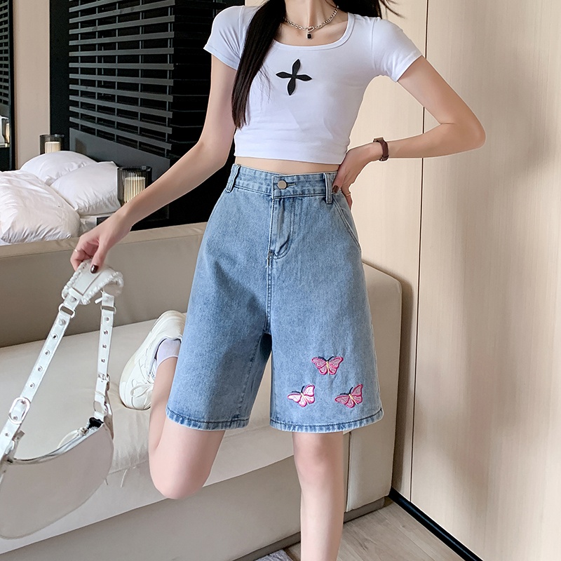 Quần Short Denim Ống Rộng In Họa Tiết Thời Trang Mùa Hè Hàn Quốc Mới Cho Nữ