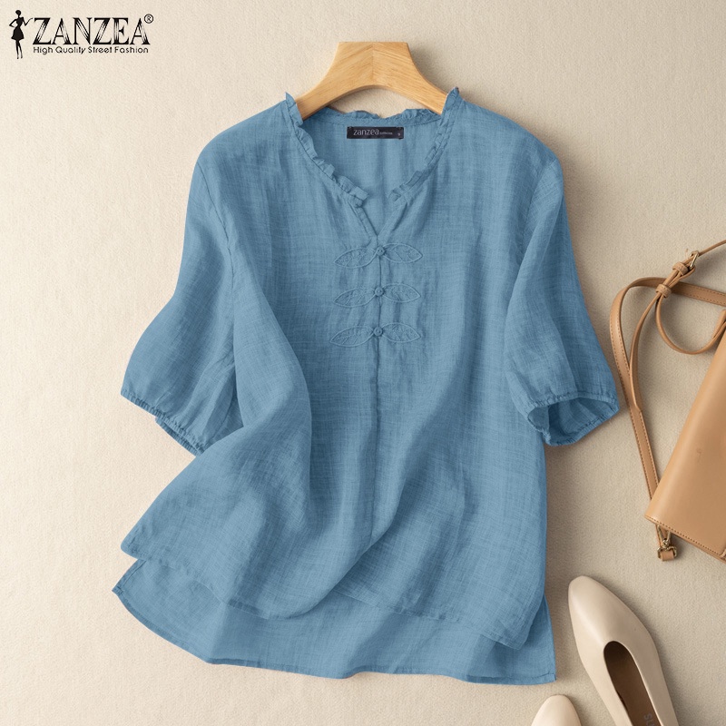 ZANZEA Áo Sơ Mi Tay Lửng Thêu Họa Tiết Phong Cách Hàn Quốc Cho Nữ