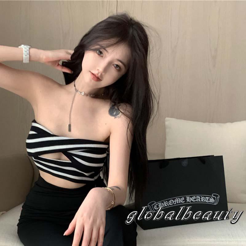 Áo Croptop Trễ Vai Không Tay Họa Tiết Sọc Ngang Quyến Rũ Dành Cho Nữ