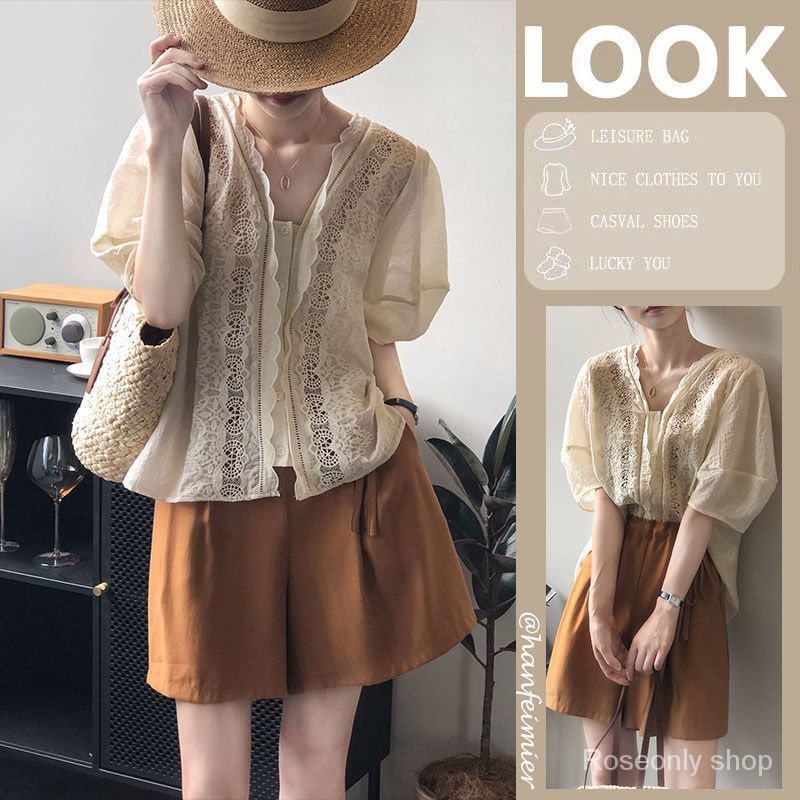 Set Áo Sơ Mi Tay Ngắn + Quần Short Ống Rộng Phong Cách Retro Thời Trang Mùa Hè Dành Cho Nữ