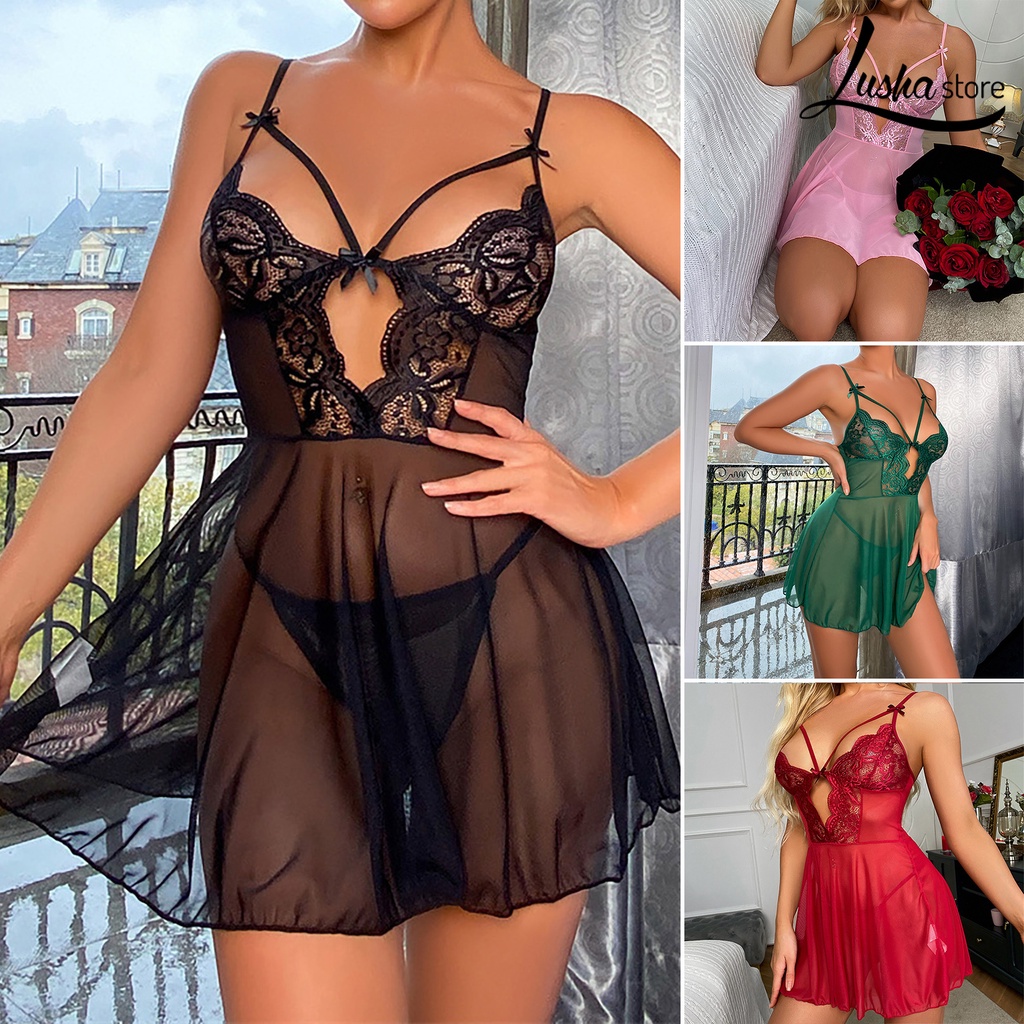 Bộ Đồ Ngủ 2 Dây Phối Ren Hở Lưng Cổ Chữ V Khoét Sâu Đính Nơ Quyến Rũ