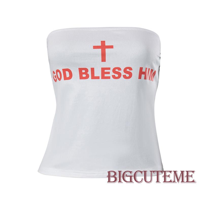 [] Áo Ống Không Dây Mỏng Vừa Vặn Họa Tiết Chữ Thập Màu Trắng Thời Trang Mùa Hè Cho Nữ