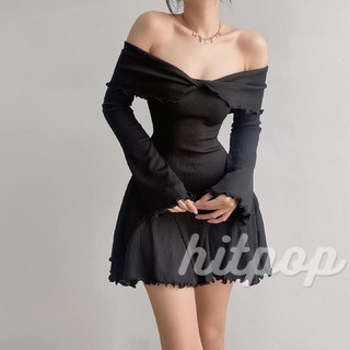 Hitpop-nữ Váy Đan, Dài Tay Rời Vai Màu Trơn Tiệc Mùa Xuân Mùa Hè