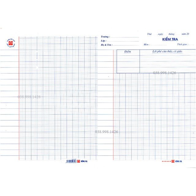 2 tập (12 tờ đôi) Giấy kiểm tra cấp 1 Hồng Hà _bmd