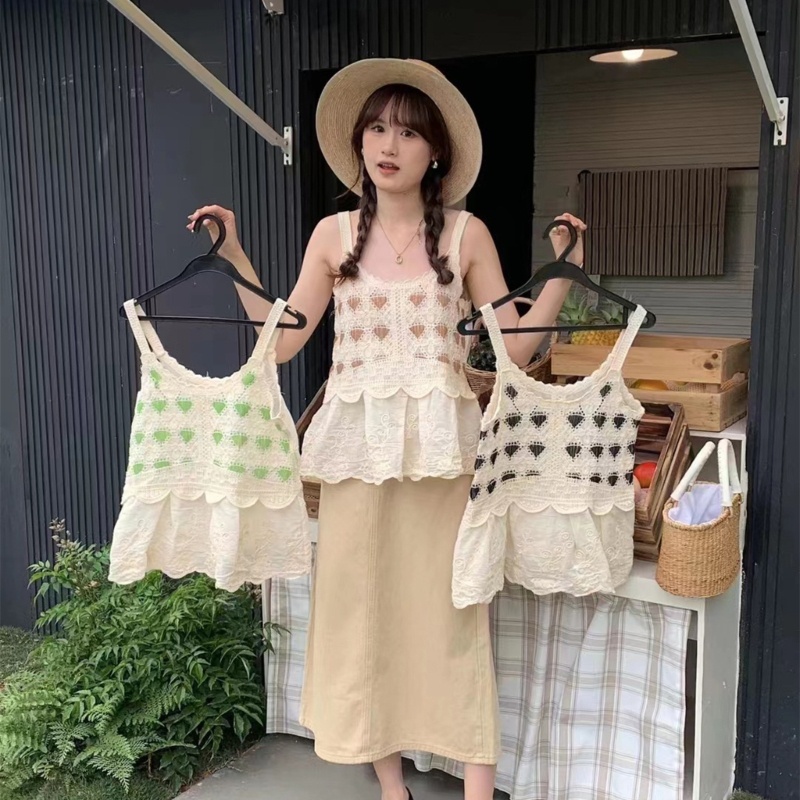 Xiangbao Áo Dệt Kim Không Tay Dáng Rộng Ghép Nối Viền Rỗng Họa Tiết Hoa Đáng Yêu Phù Hợp Cho Trường Học Hàng