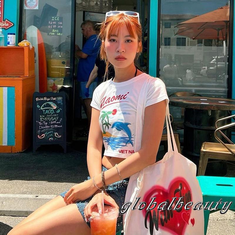 Áo Thun Crop Top Tay Ngắn Cổ Tròn In Chữ Thời Trang Mùa Hè Dành Cho Nữ